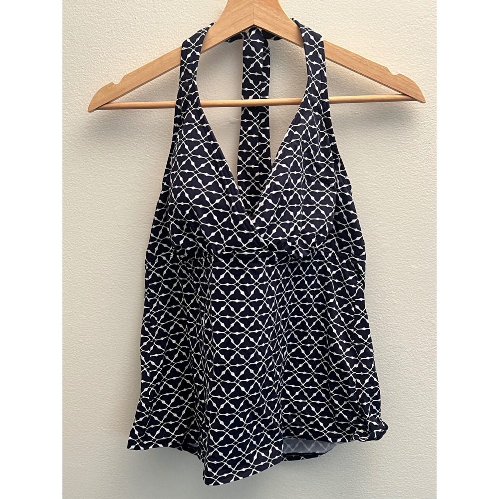 Lands' End Navy Blue White Geometric Halter Tankini Top Swimwear Womens 12